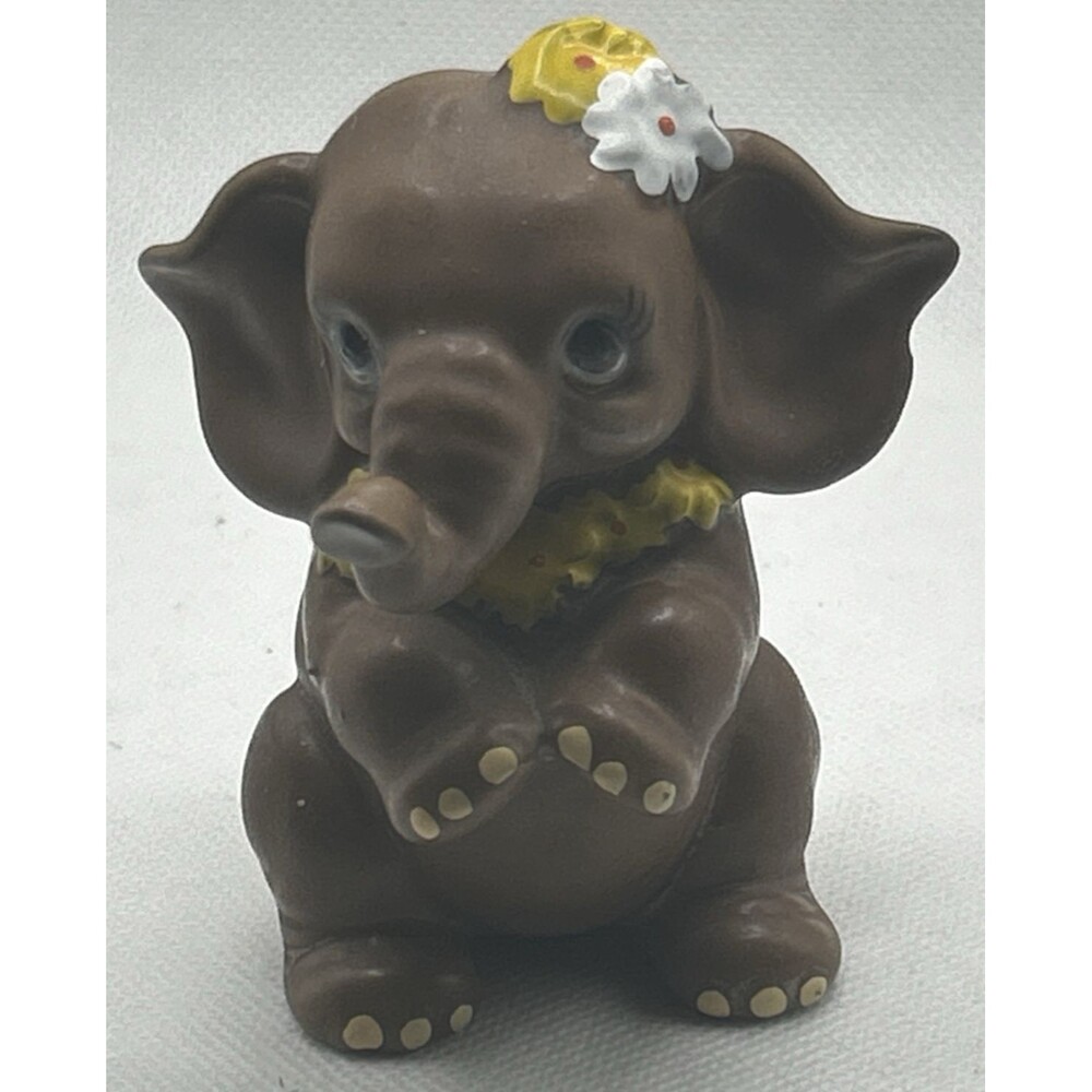 Kitschy Vintage Josef Originals Brown Elephant Flowers Figurines Retro